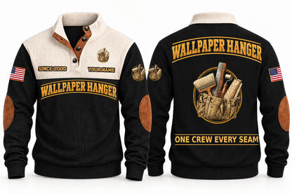 Wallpaper Hanger Finish Crew Sports Sweatshirt in Black, full front and back garment views with wallpaper roll, smoothing brush, seam roller, trimming blade, plumb bob and tool bag artwork, ONE CREW EVERY SEAM wording and source sample YOUR NAME and SINCE 2000 text.