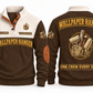 Wallpaper Hanger Finish Crew Sports Sweatshirt in Brown, full front and back garment views with wallpaper roll, smoothing brush, seam roller, trimming blade, plumb bob and tool bag artwork, ONE CREW EVERY SEAM wording and source sample YOUR NAME and SINCE 2000 text.