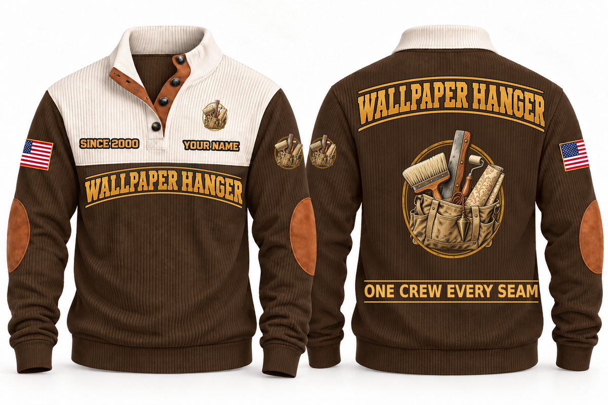 Wallpaper Hanger Finish Crew Sports Sweatshirt in Brown, full front and back garment views with wallpaper roll, smoothing brush, seam roller, trimming blade, plumb bob and tool bag artwork, ONE CREW EVERY SEAM wording and source sample YOUR NAME and SINCE 2000 text.