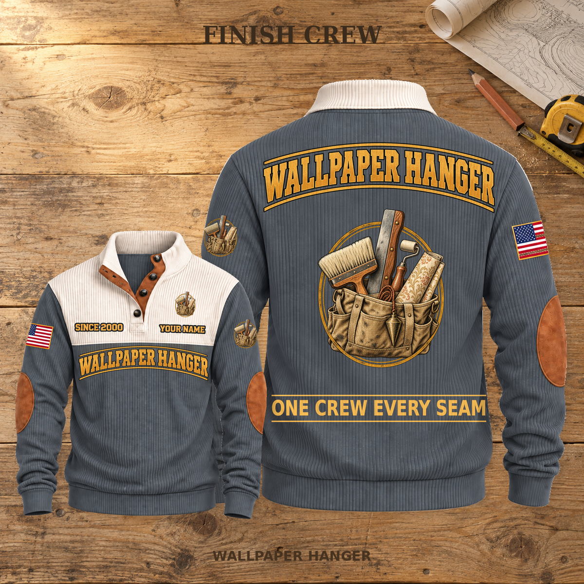 Wallpaper Hanger Finish Crew Sports Sweatshirt in Grey, dominant back and smaller front view on a warm wooden workbench, with FINISH CREW headline.