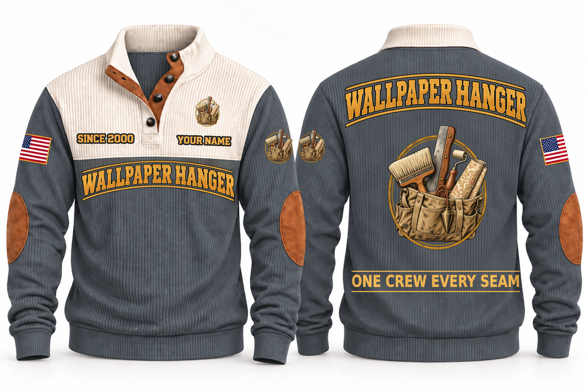 Wallpaper Hanger Finish Crew Sports Sweatshirt in Grey, full front and back garment views with wallpaper roll, smoothing brush, seam roller, trimming blade, plumb bob and tool bag artwork, ONE CREW EVERY SEAM wording and source sample YOUR NAME and SINCE 2000 text.