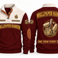 Wallpaper Hanger Finish Crew Sports Sweatshirt in Jujube Red, full front and back garment views with wallpaper roll, smoothing brush, seam roller, trimming blade, plumb bob and tool bag artwork, ONE CREW EVERY SEAM wording and source sample YOUR NAME and SINCE 2000 text.