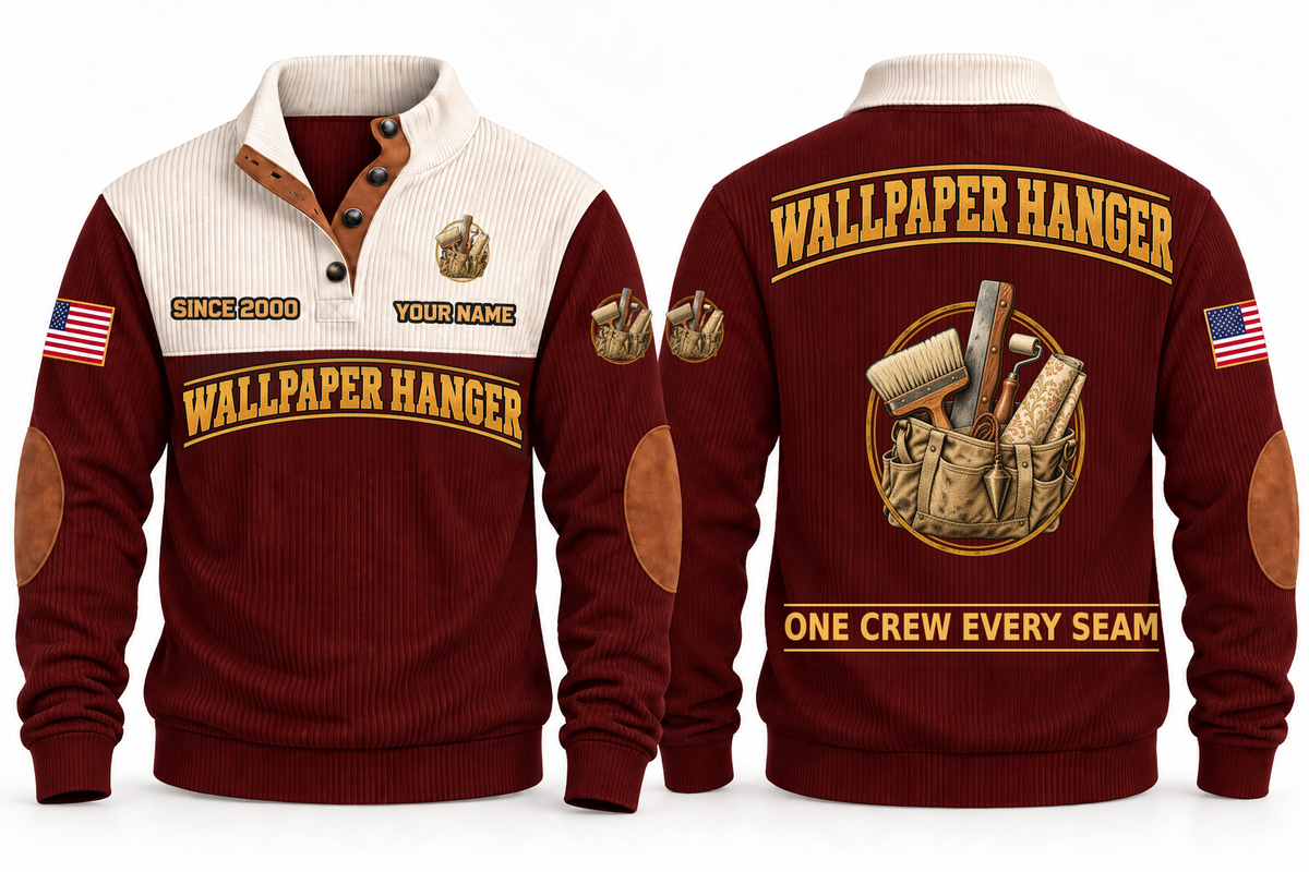 Wallpaper Hanger Finish Crew Sports Sweatshirt in Jujube Red, full front and back garment views with wallpaper roll, smoothing brush, seam roller, trimming blade, plumb bob and tool bag artwork, ONE CREW EVERY SEAM wording and source sample YOUR NAME and SINCE 2000 text.