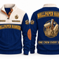 Wallpaper Hanger Finish Crew Sports Sweatshirt in Navy, full front and back garment views with wallpaper roll, smoothing brush, seam roller, trimming blade, plumb bob and tool bag artwork, ONE CREW EVERY SEAM wording and source sample YOUR NAME and SINCE 2000 text.