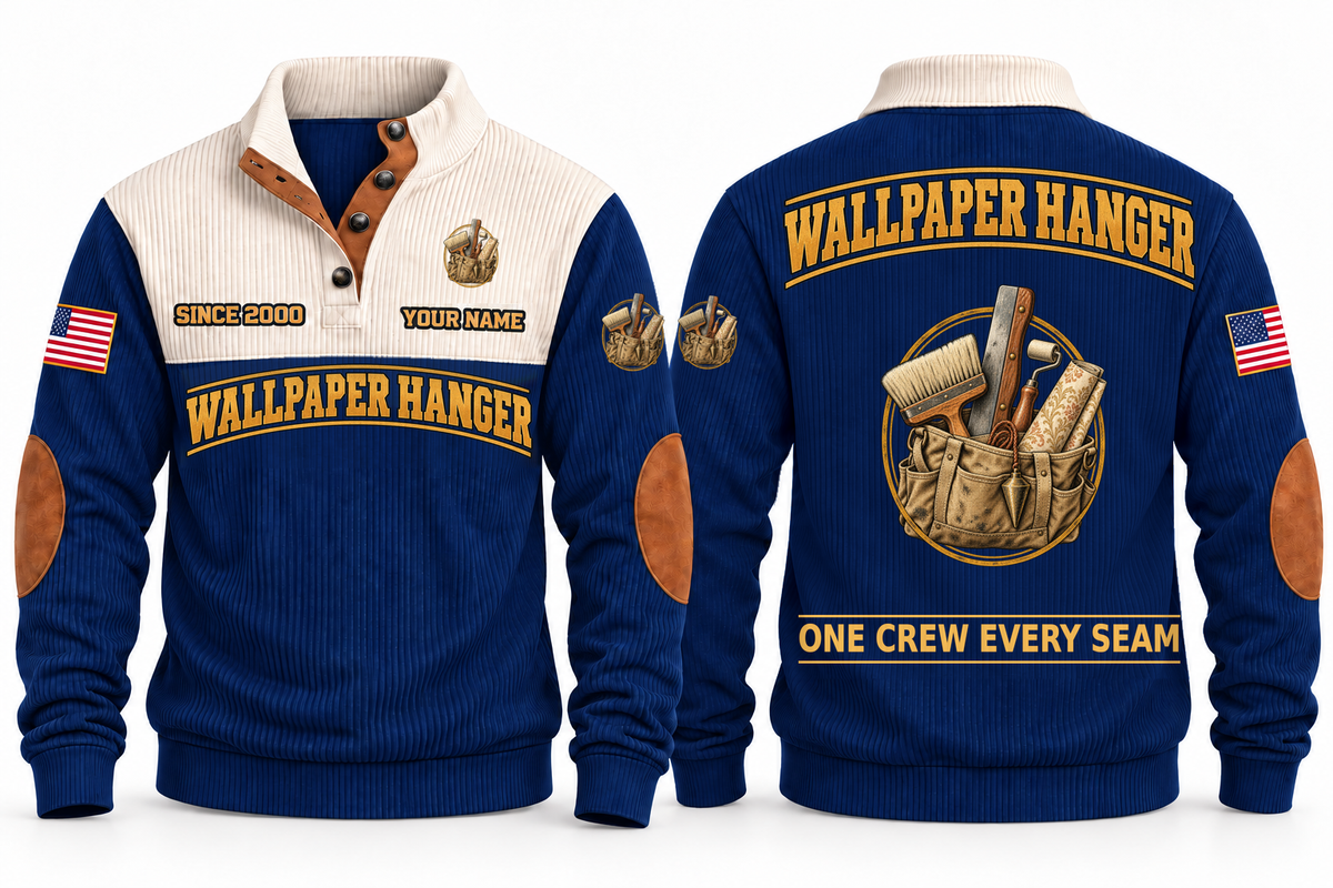 Wallpaper Hanger Finish Crew Sports Sweatshirt in Navy, full front and back garment views with wallpaper roll, smoothing brush, seam roller, trimming blade, plumb bob and tool bag artwork, ONE CREW EVERY SEAM wording and source sample YOUR NAME and SINCE 2000 text.