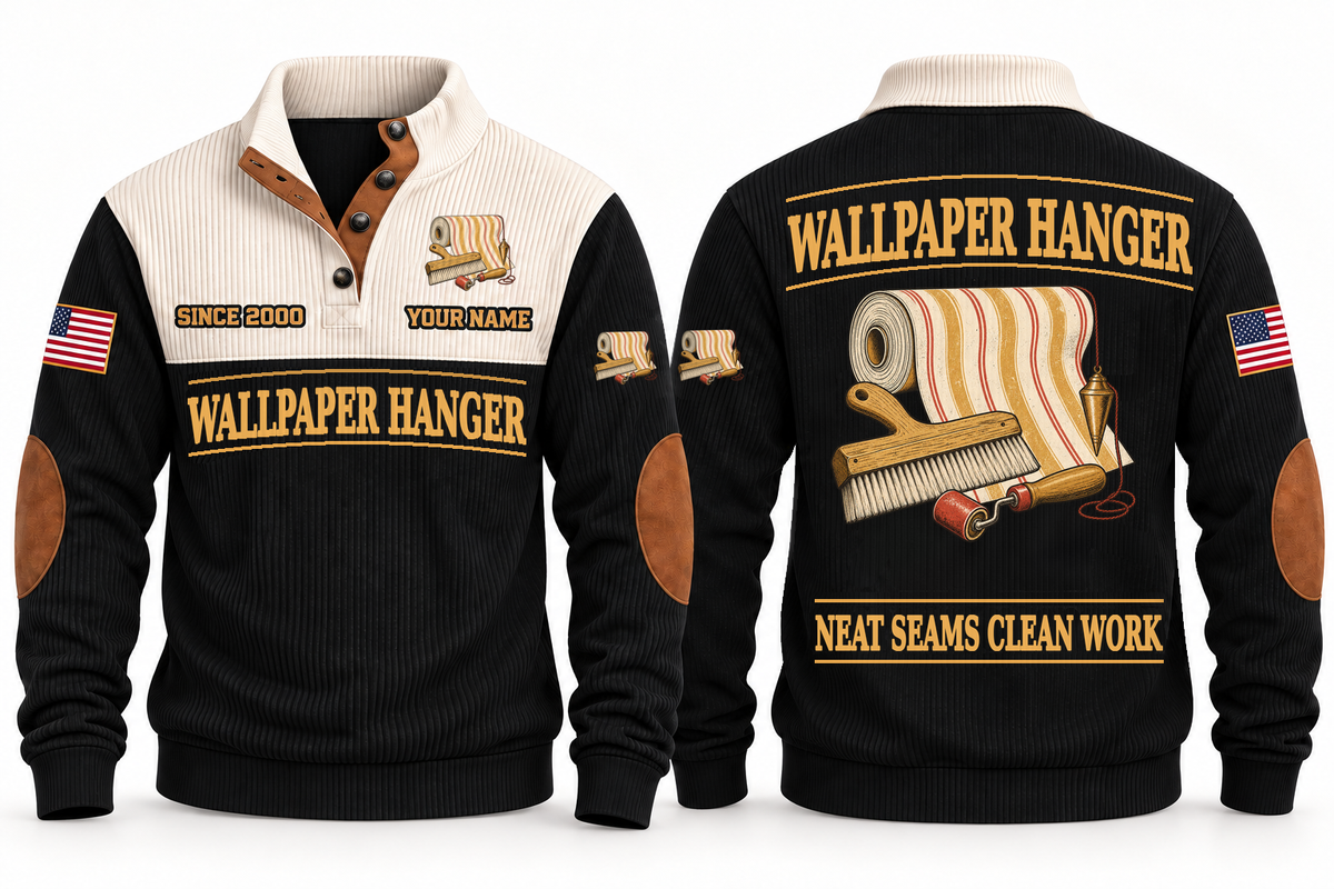 Wallpaper Hanger Clean Craft Sports Sweatshirt in Black, front and source-visible back with occupation artwork, cream collar and sample YOUR NAME and SINCE 2000 text