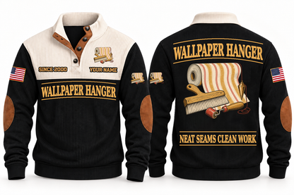 Wallpaper Hanger Clean Craft Sports Sweatshirt in Black, front and source-visible back with occupation artwork, cream collar and sample YOUR NAME and SINCE 2000 text
