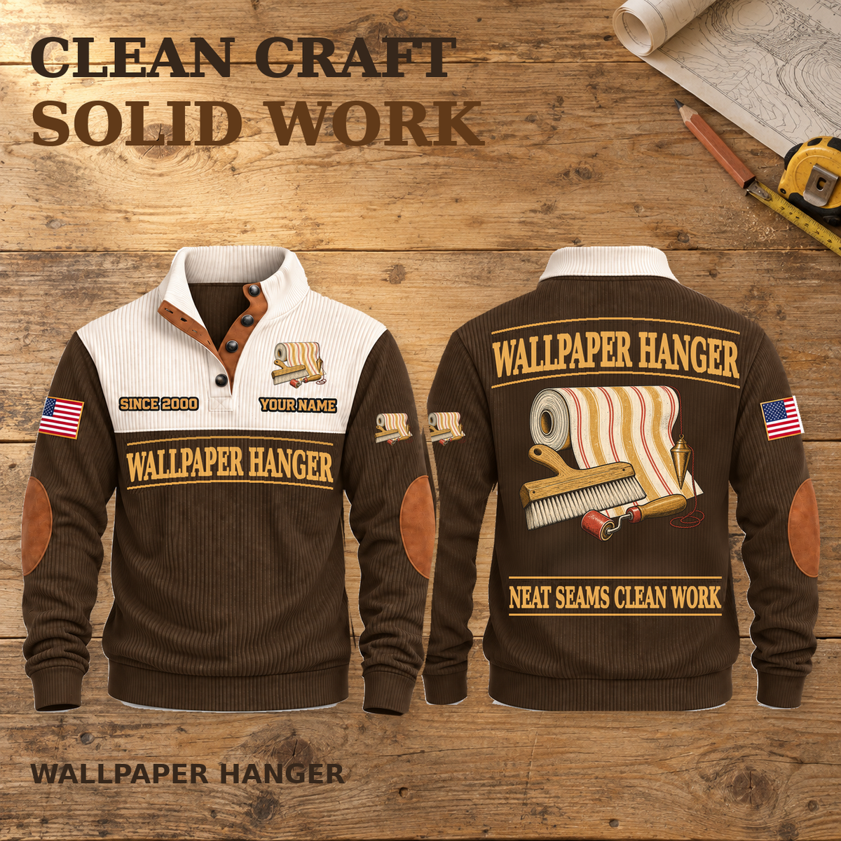Wallpaper Hanger Clean Craft Sports Sweatshirt in Brown, balanced complete front and source-visible back pair on a workbench.