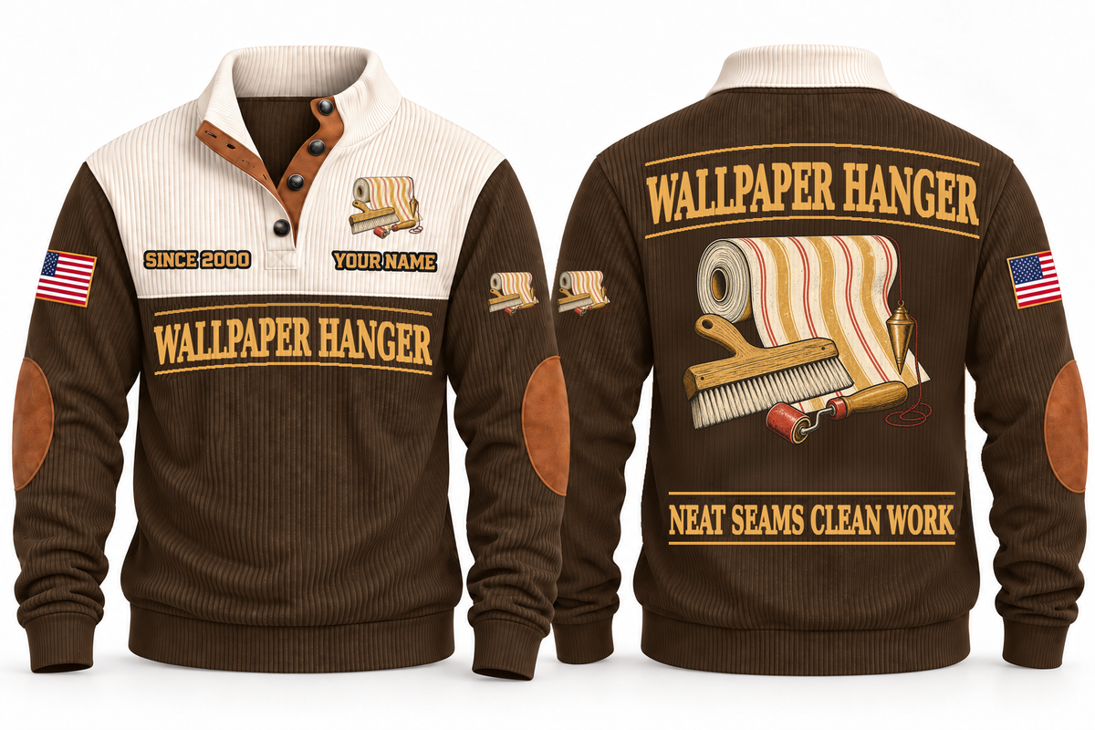 Wallpaper Hanger Clean Craft Sports Sweatshirt in Brown, front and source-visible back with occupation artwork, cream collar and sample YOUR NAME and SINCE 2000 text