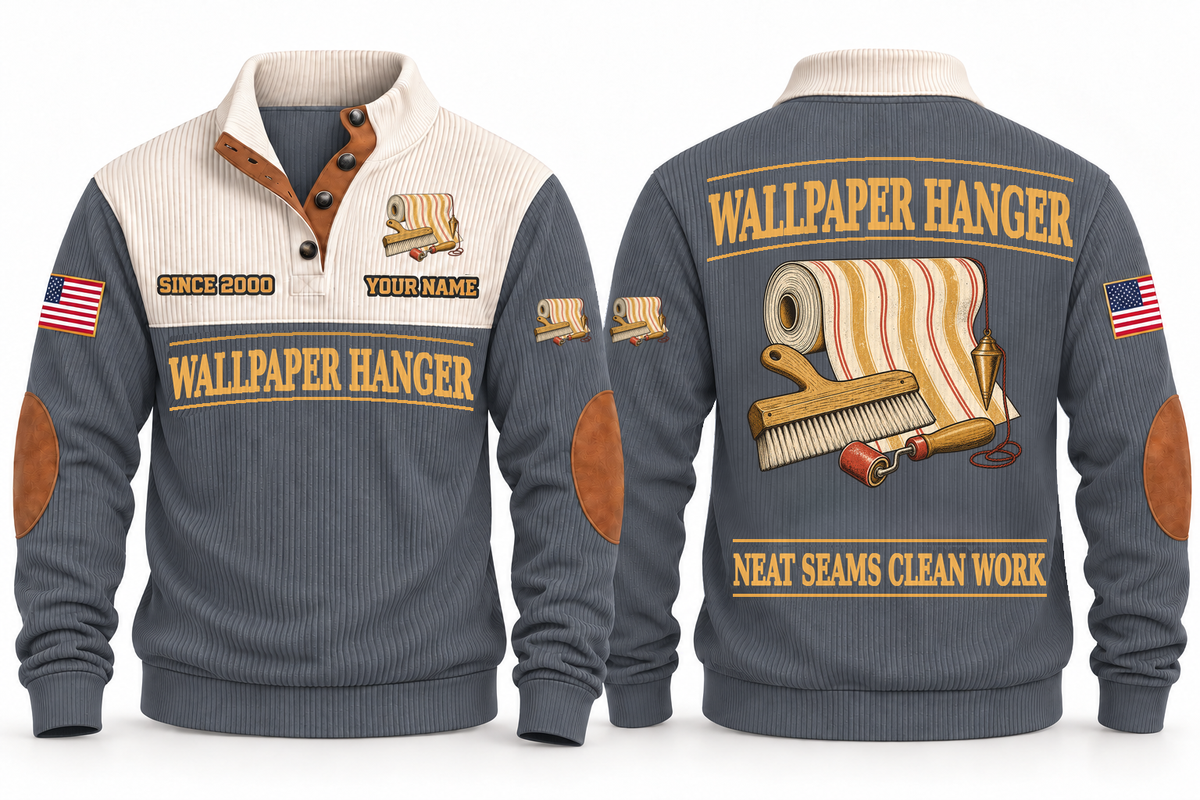 Wallpaper Hanger Clean Craft Sports Sweatshirt in Grey, front and source-visible back with occupation artwork, cream collar and sample YOUR NAME and SINCE 2000 text