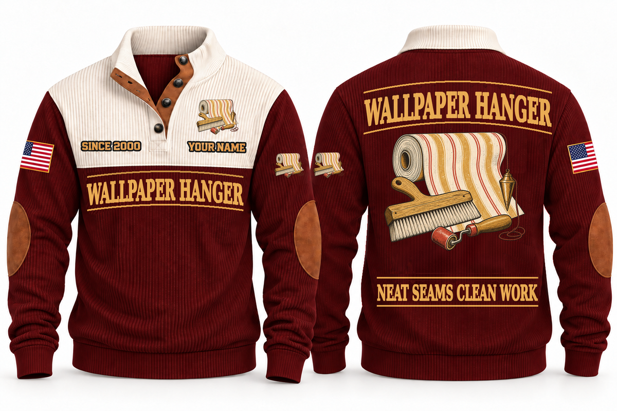 Wallpaper Hanger Clean Craft Sports Sweatshirt in Jujube Red, front and source-visible back with occupation artwork, cream collar and sample YOUR NAME and SINCE 2000 text