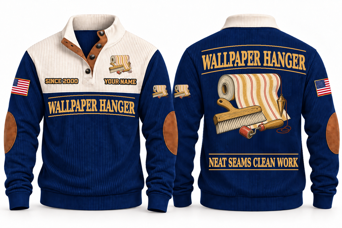 Wallpaper Hanger Clean Craft Sports Sweatshirt in Navy, front and source-visible back with occupation artwork, cream collar and sample YOUR NAME and SINCE 2000 text