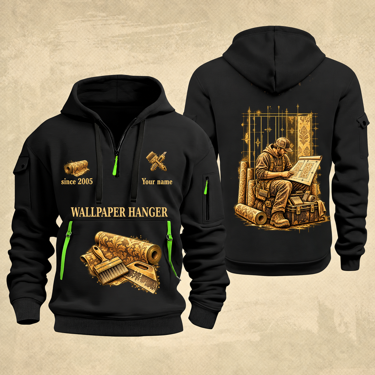 Wallpaper Hanger Copper Craft Quarter-Zip Hoodie in Black, full authentic front and back views with matching wallpaper hanger tools and equipment artwork, original sample name/year and Copper Craft planning theme.
