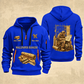 Wallpaper Hanger Copper Craft Quarter-Zip Hoodie in Blue, full authentic front and back views with matching wallpaper hanger tools and equipment artwork, original sample name/year and Copper Craft planning theme.