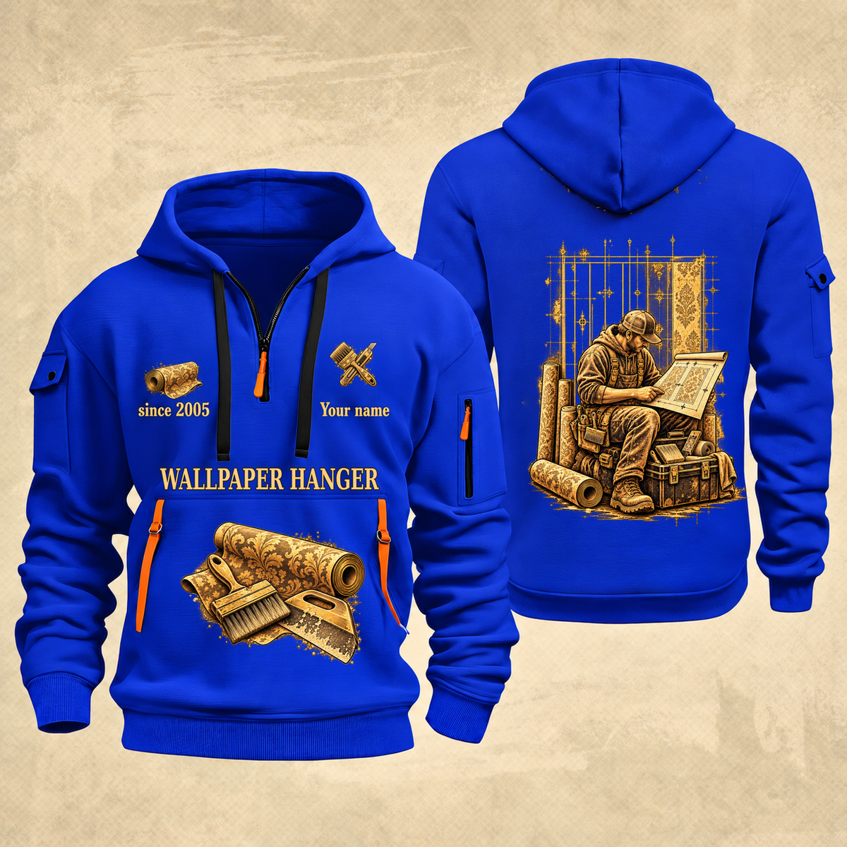 Wallpaper Hanger Copper Craft Quarter-Zip Hoodie in Blue, full authentic front and back views with matching wallpaper hanger tools and equipment artwork, original sample name/year and Copper Craft planning theme.