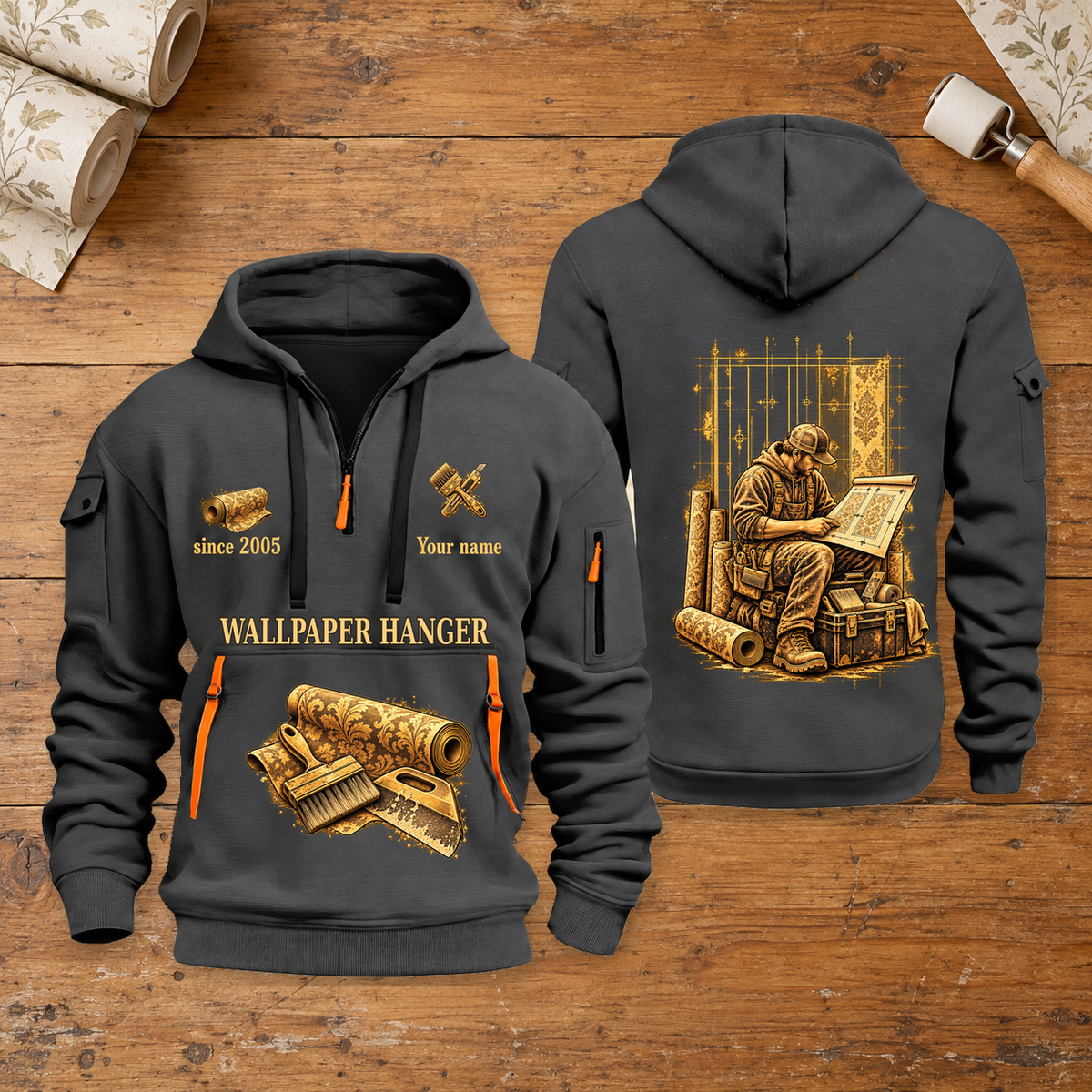 Wallpaper Hanger Copper Craft Quarter-Zip Hoodie in Gray, full authentic front and back views with matching wallpaper hanger tools and equipment artwork, original sample name/year and Copper Craft planning theme. On a wallpaper hanger workbench.