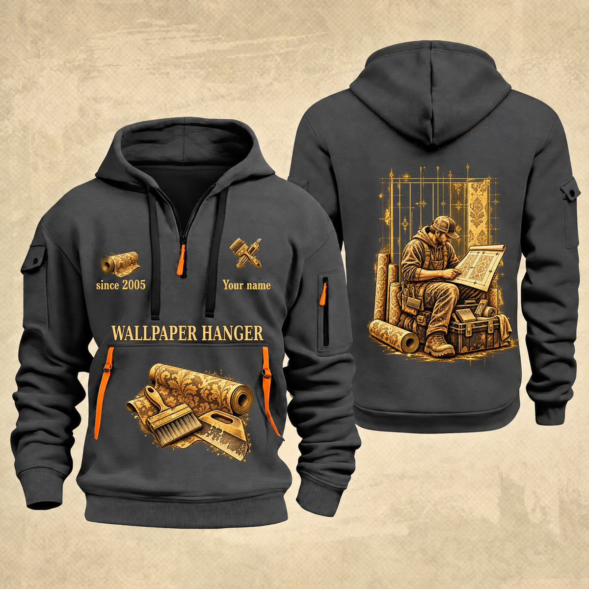 Wallpaper Hanger Copper Craft Quarter-Zip Hoodie in Gray, full authentic front and back views with matching wallpaper hanger tools and equipment artwork, original sample name/year and Copper Craft planning theme.