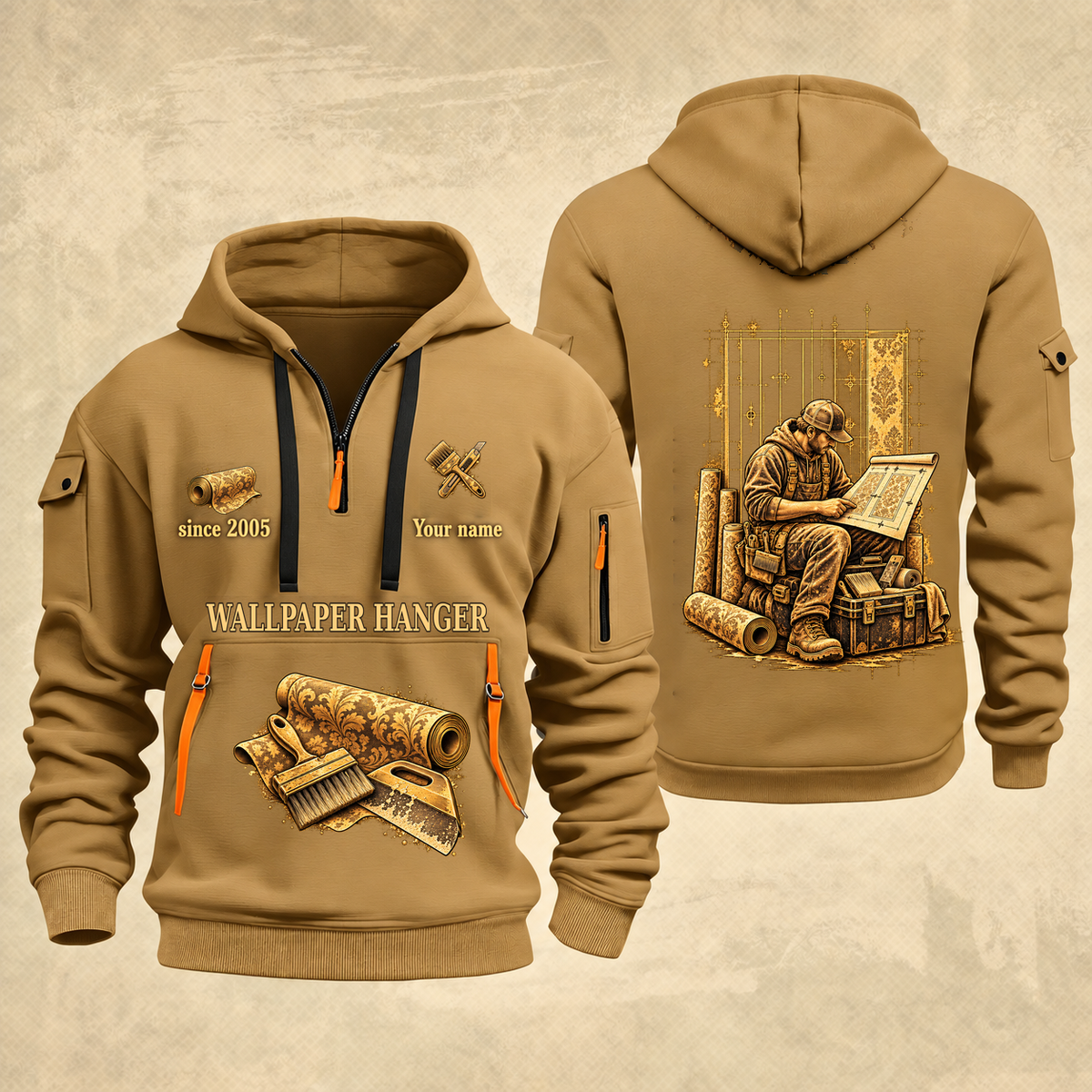 Wallpaper Hanger Copper Craft Quarter-Zip Hoodie in Khaki, full authentic front and back views with matching wallpaper hanger tools and equipment artwork, original sample name/year and Copper Craft planning theme.