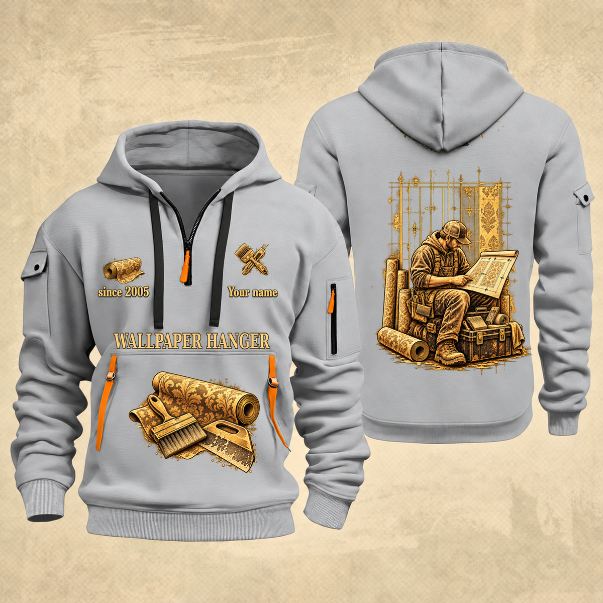 Wallpaper Hanger Copper Craft Quarter-Zip Hoodie in Light Grey, full authentic front and back views with matching wallpaper hanger tools and equipment artwork, original sample name/year and Copper Craft planning theme.