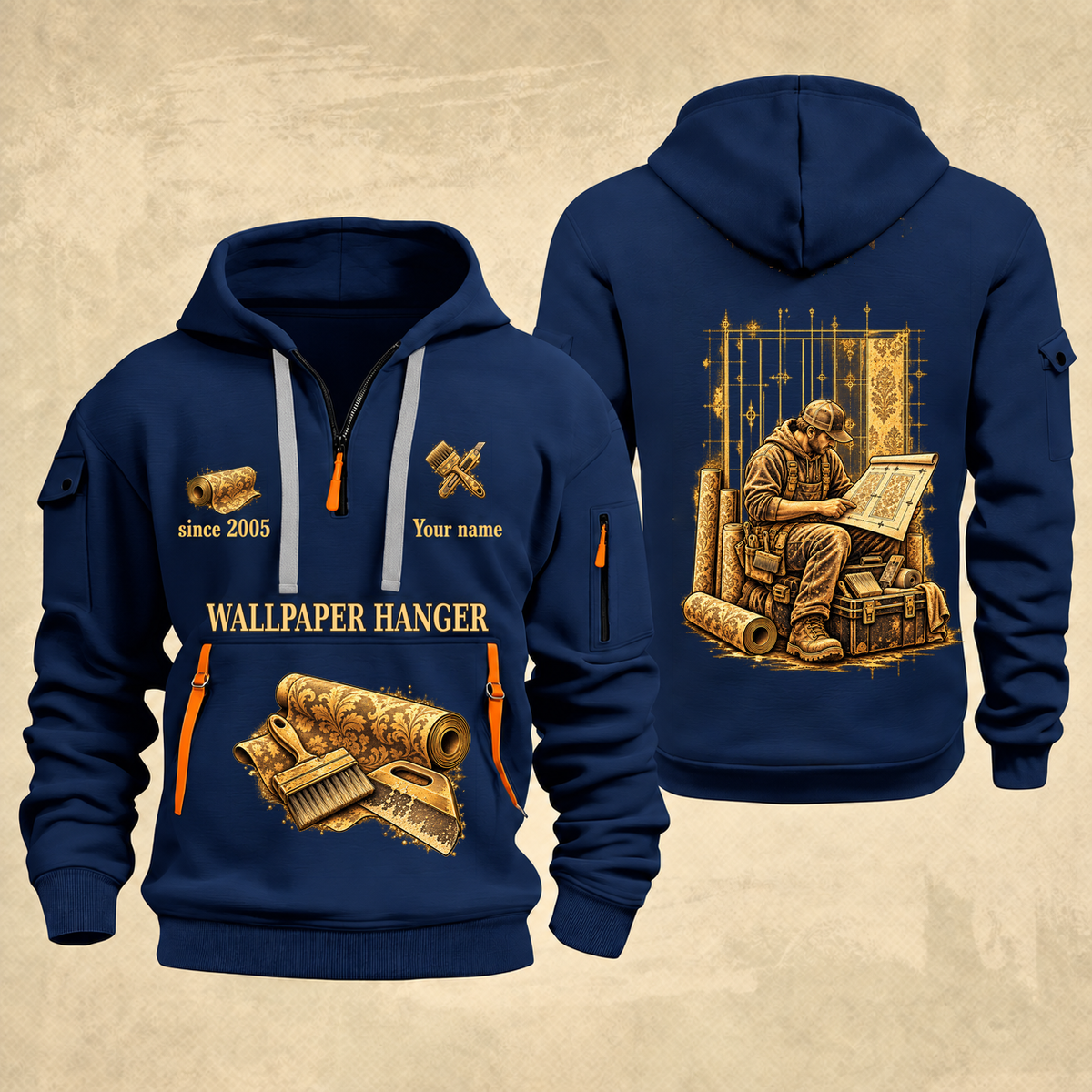 Wallpaper Hanger Copper Craft Quarter-Zip Hoodie in Navy, full authentic front and back views with matching wallpaper hanger tools and equipment artwork, original sample name/year and Copper Craft planning theme.