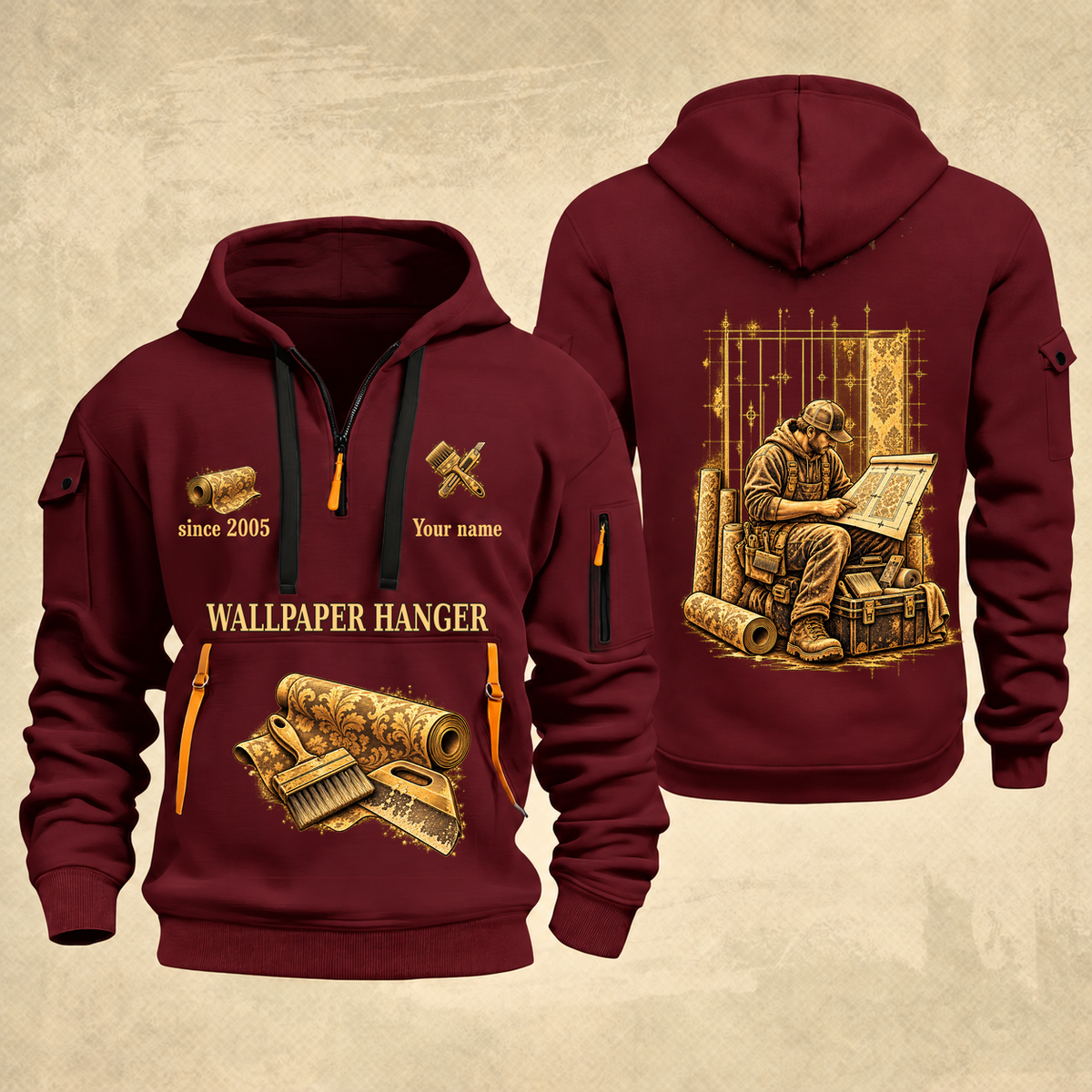Wallpaper Hanger Copper Craft Quarter-Zip Hoodie in Wine Red, full authentic front and back views with matching wallpaper hanger tools and equipment artwork, original sample name/year and Copper Craft planning theme.