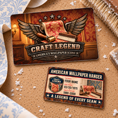 Two thin printed aluminum wallet card faces arranged diagonally on a wallpaper workbench: bronze winged Craft Legend emblem above and a smaller complete navy-and-cream decorative reverse below.