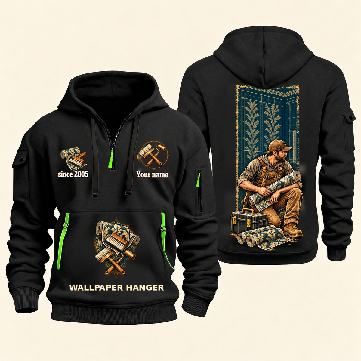 Wallpaper Hanger Daily Groundwork Quarter-Zip Hoodie in Black, complete front and back views