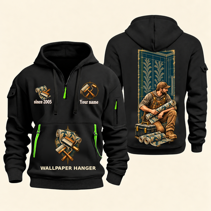 Wallpaper Hanger Daily Groundwork Quarter-Zip Hoodie in Black, complete front and back views