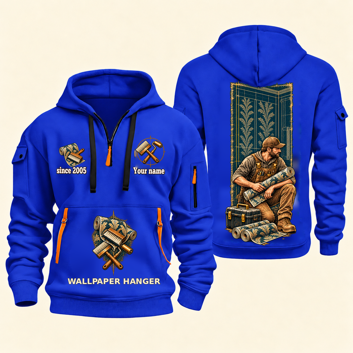 Wallpaper Hanger Daily Groundwork Quarter-Zip Hoodie in Blue, complete front and back views