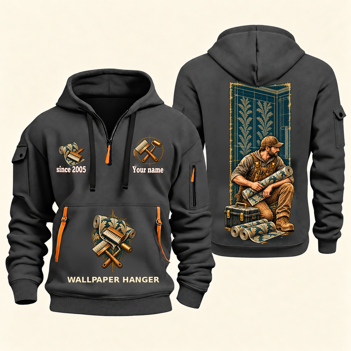 Wallpaper Hanger Daily Groundwork Quarter-Zip Hoodie in Gray, complete front and back views