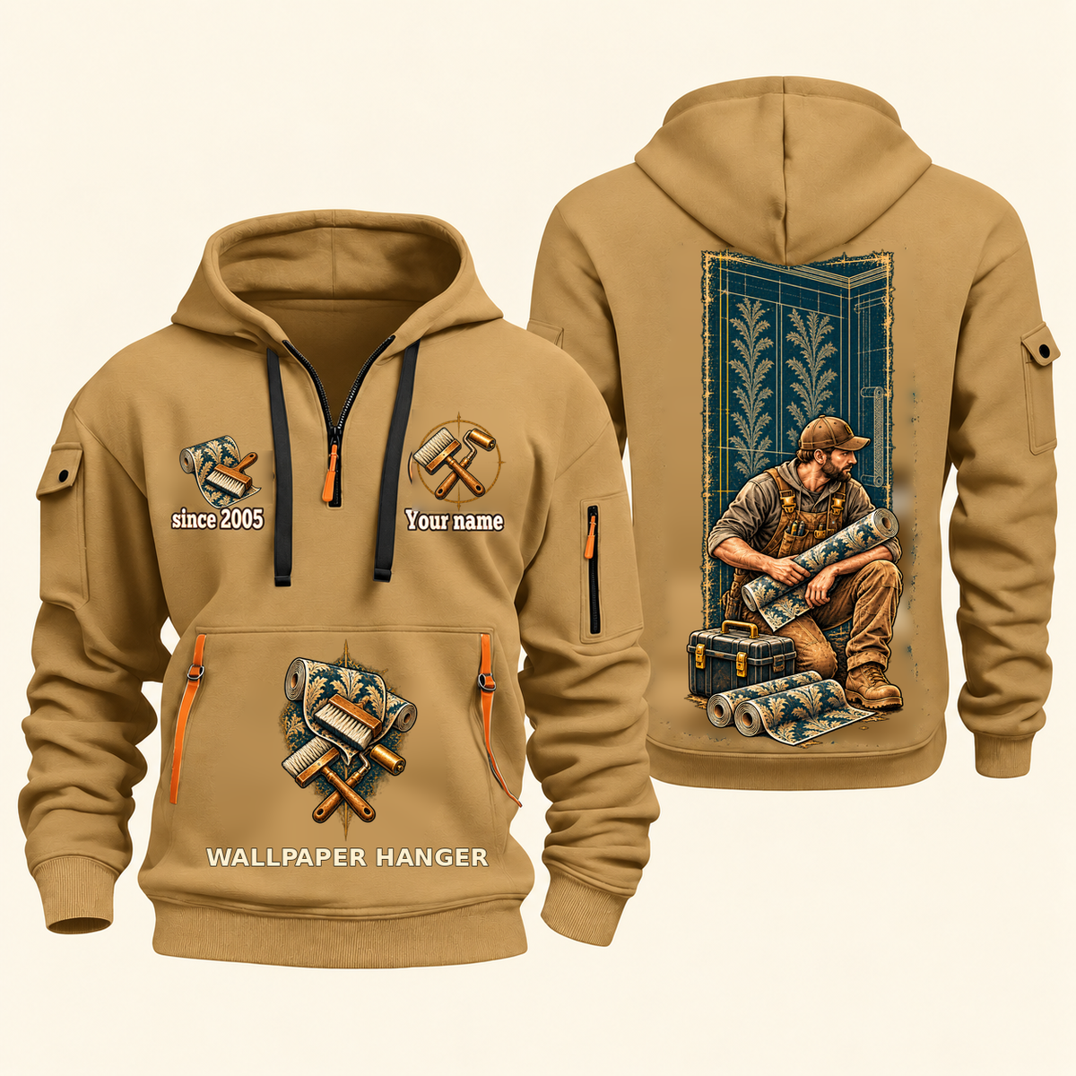 Wallpaper Hanger Daily Groundwork Quarter-Zip Hoodie in Khaki, complete front and back views