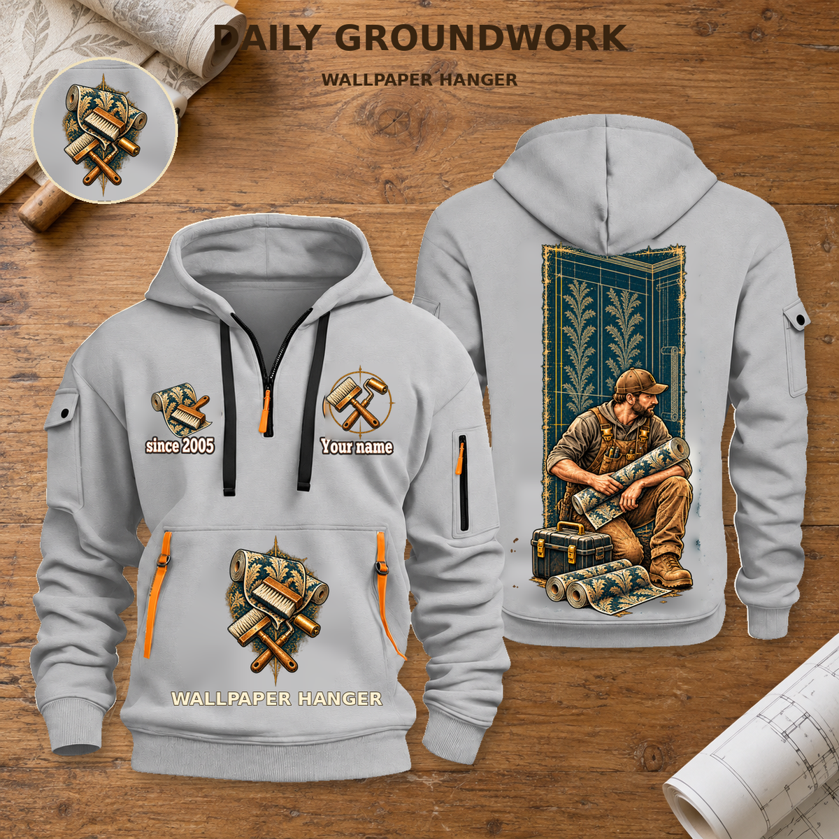 Wallpaper Hanger Daily Groundwork Quarter-Zip Hoodie in Light Grey, complete front and back pair with circular pocket-art detail