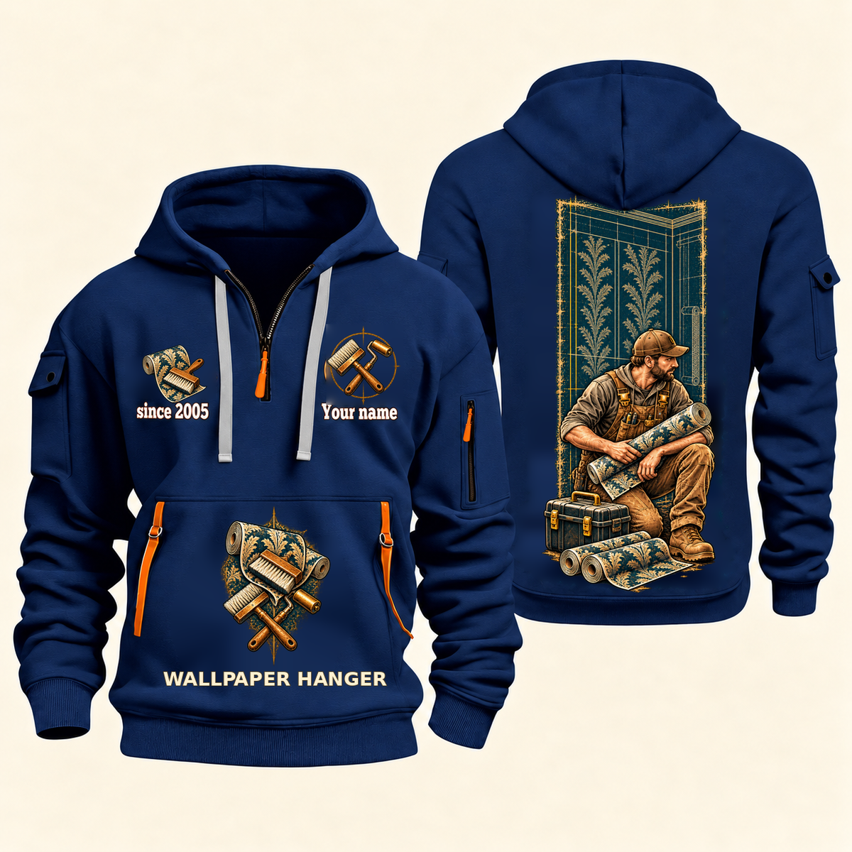 Wallpaper Hanger Daily Groundwork Quarter-Zip Hoodie in Navy, complete front and back views