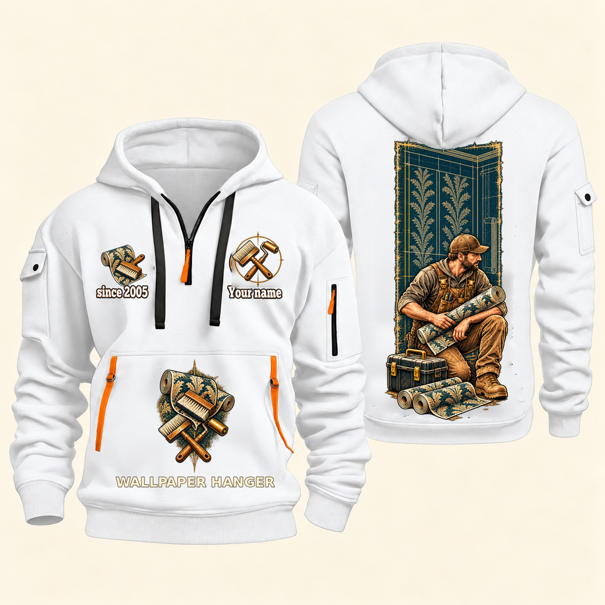 Wallpaper Hanger Daily Groundwork Quarter-Zip Hoodie in White, complete front and back views