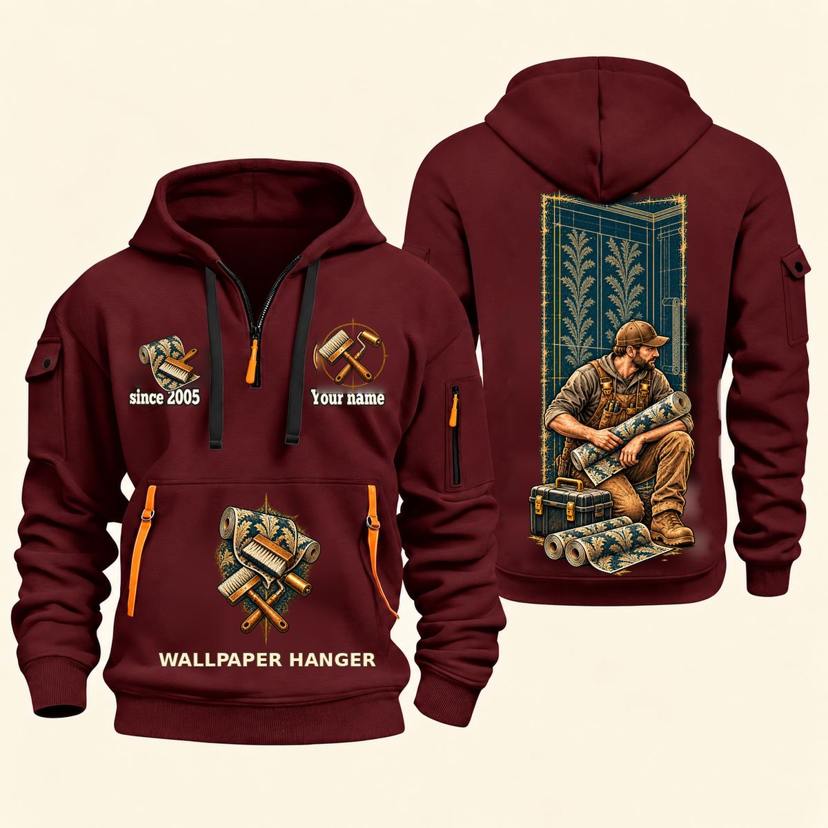 Wallpaper Hanger Daily Groundwork Quarter-Zip Hoodie in Wine Red, complete front and back views