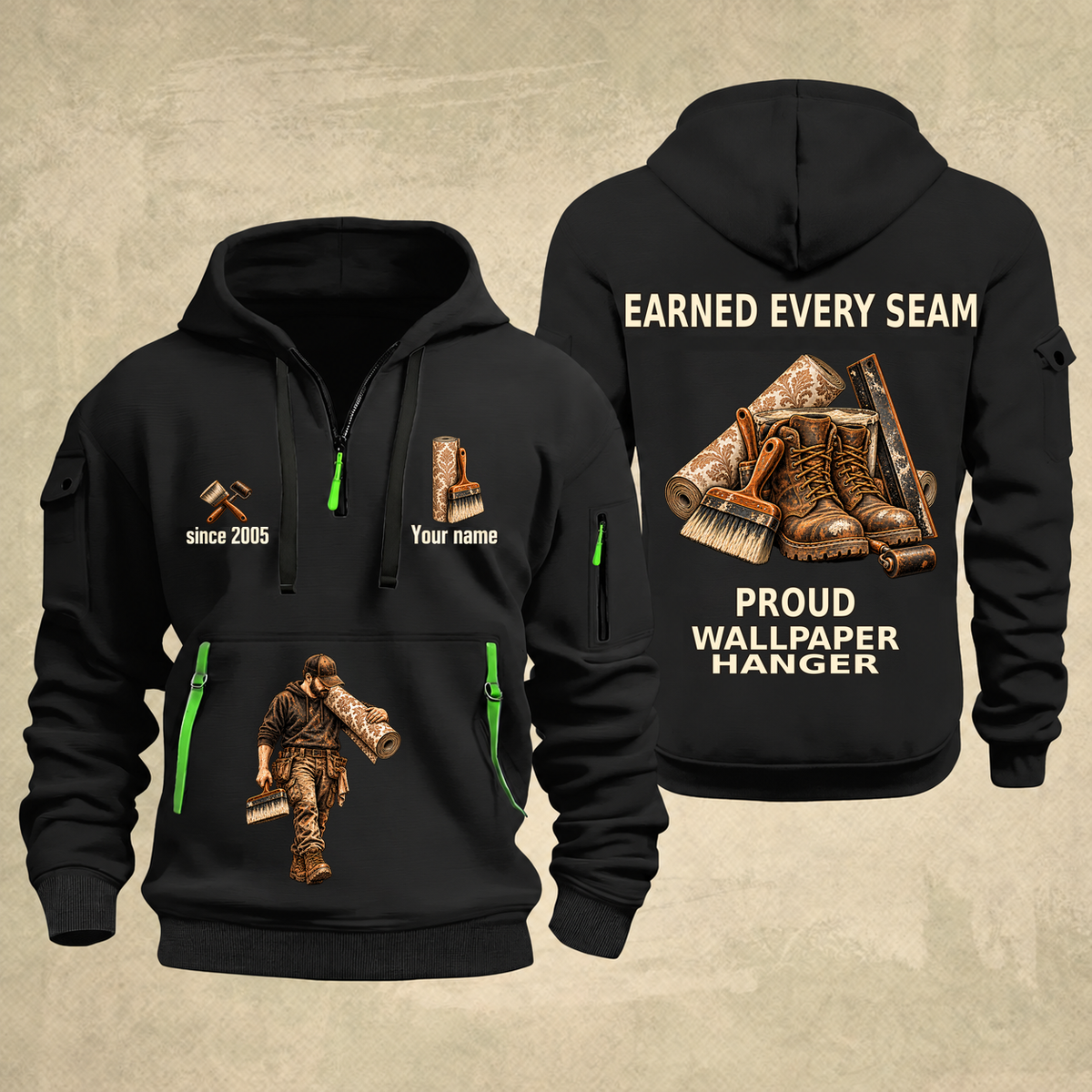 Wallpaper Hanger Earned Every Seam Quarter-Zip Hoodie in Black, full authentic front and back views with matching wallpaper hanger tools and equipment artwork, original sample name/year and Earned Every slogan.