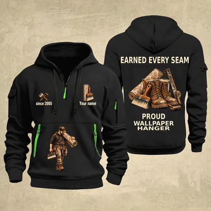 Wallpaper Hanger Earned Every Seam Quarter-Zip Hoodie in Black, full authentic front and back views with matching wallpaper hanger tools and equipment artwork, original sample name/year and Earned Every slogan.