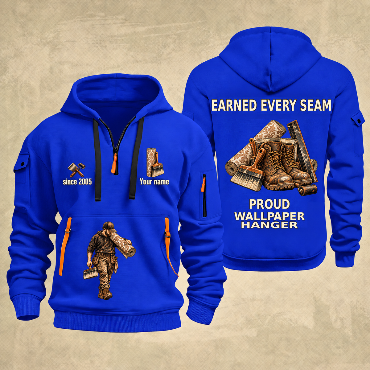 Wallpaper Hanger Earned Every Seam Quarter-Zip Hoodie in Blue, full authentic front and back views with matching wallpaper hanger tools and equipment artwork, original sample name/year and Earned Every slogan.