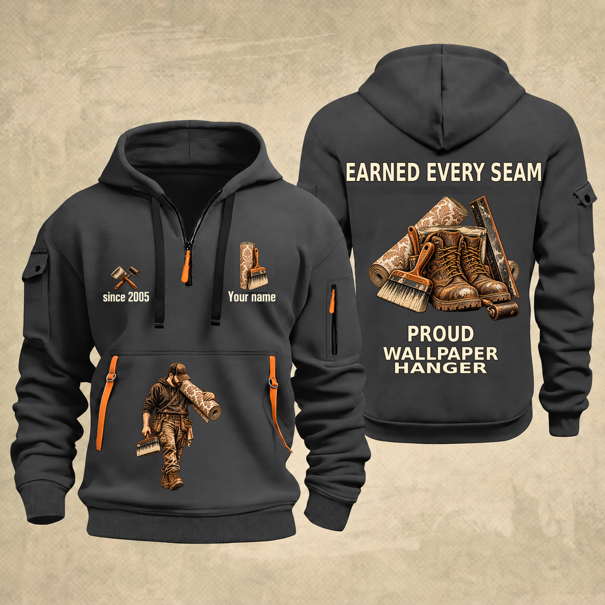 Wallpaper Hanger Earned Every Seam Quarter-Zip Hoodie in Gray, full authentic front and back views with matching wallpaper hanger tools and equipment artwork, original sample name/year and Earned Every slogan.