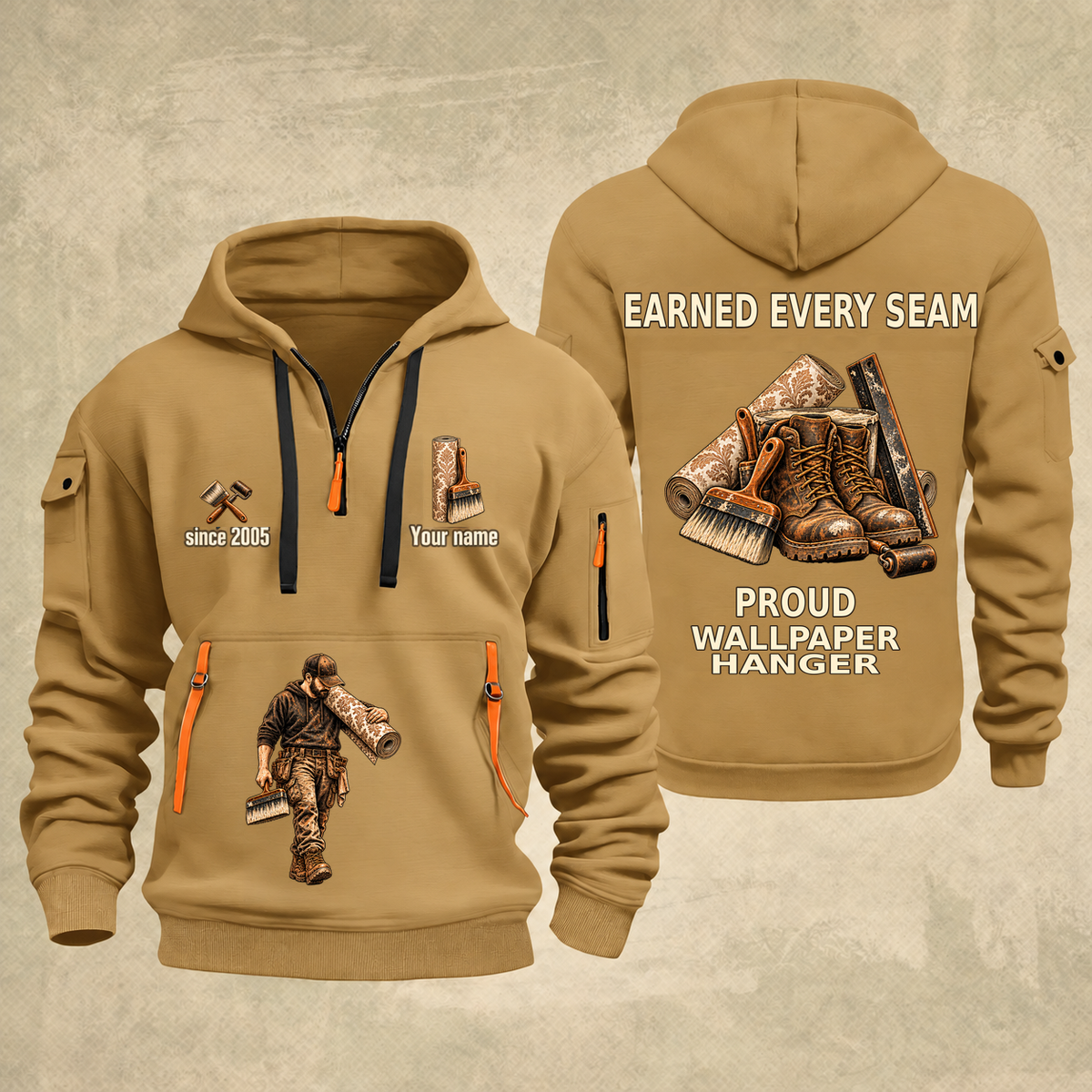 Wallpaper Hanger Earned Every Seam Quarter-Zip Hoodie in Khaki, full authentic front and back views with matching wallpaper hanger tools and equipment artwork, original sample name/year and Earned Every slogan.