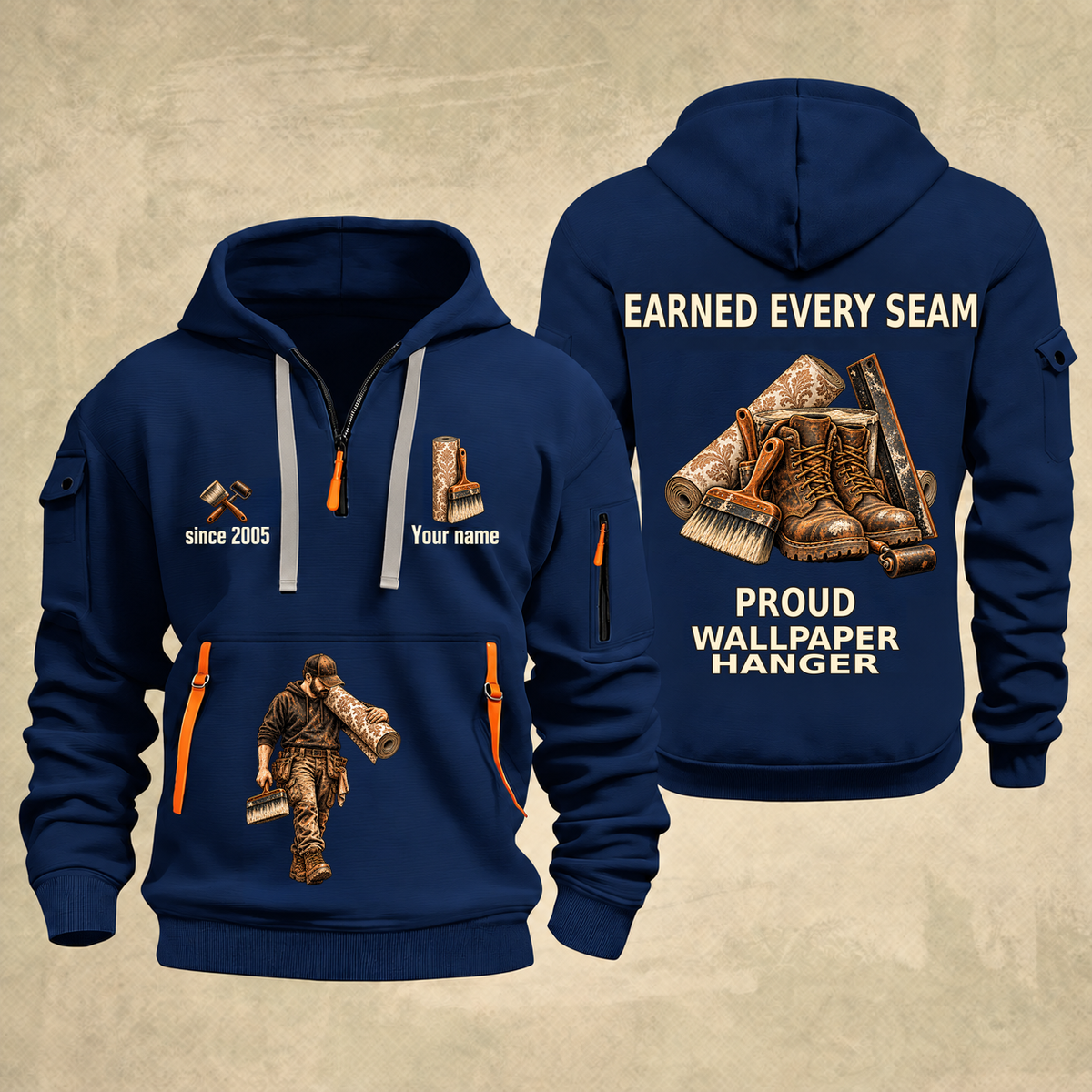 Wallpaper Hanger Earned Every Seam Quarter-Zip Hoodie in Navy, full authentic front and back views with matching wallpaper hanger tools and equipment artwork, original sample name/year and Earned Every slogan.