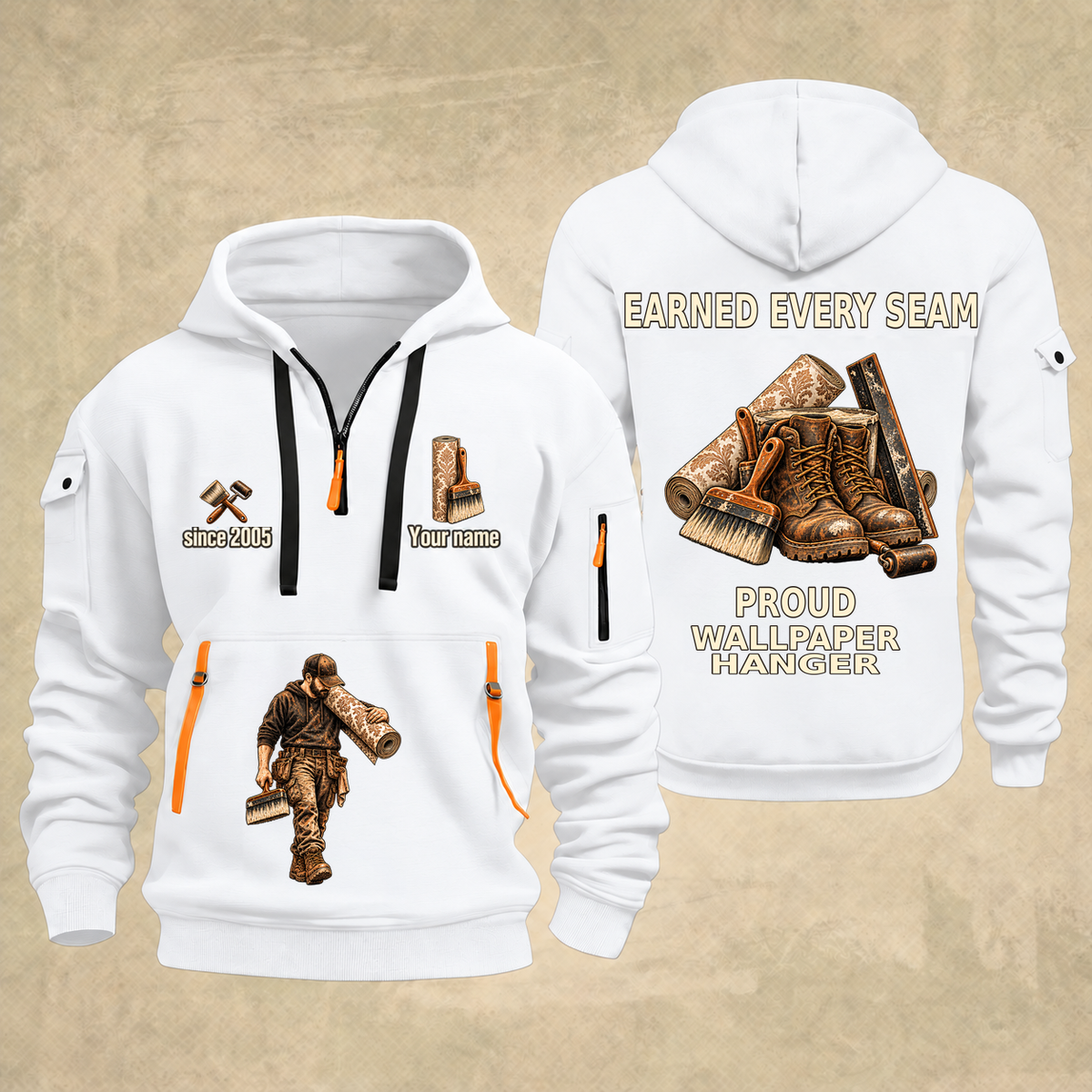 Wallpaper Hanger Earned Every Seam Quarter-Zip Hoodie in White, full authentic front and back views with matching wallpaper hanger tools and equipment artwork, original sample name/year and Earned Every slogan.