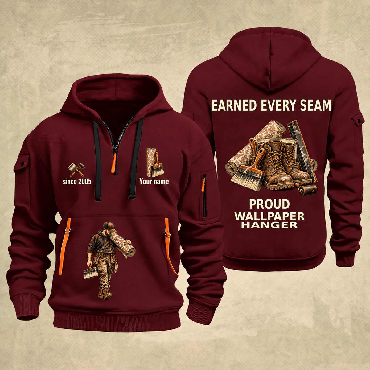 Wallpaper Hanger Earned Every Seam Quarter-Zip Hoodie in Wine Red, full authentic front and back views with matching wallpaper hanger tools and equipment artwork, original sample name/year and Earned Every slogan.