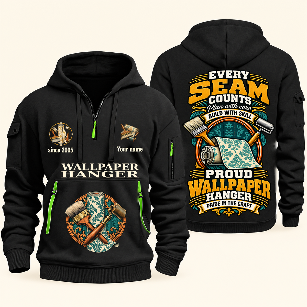 Wallpaper Hanger Every Seam Counts Quarter-Zip Hoodie in Black, authentic overlapping front and back views with wallpaper hanger artwork and source sample name/year lettering.