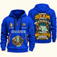 Wallpaper Hanger Every Seam Counts Quarter-Zip Hoodie in Blue, authentic overlapping front and back views with wallpaper hanger artwork and source sample name/year lettering.