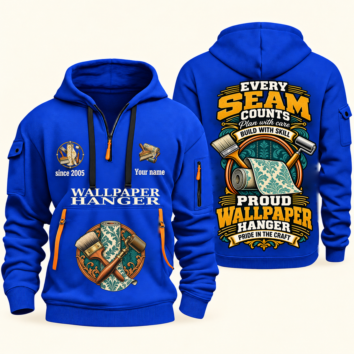 Wallpaper Hanger Every Seam Counts Quarter-Zip Hoodie in Blue, authentic overlapping front and back views with wallpaper hanger artwork and source sample name/year lettering.