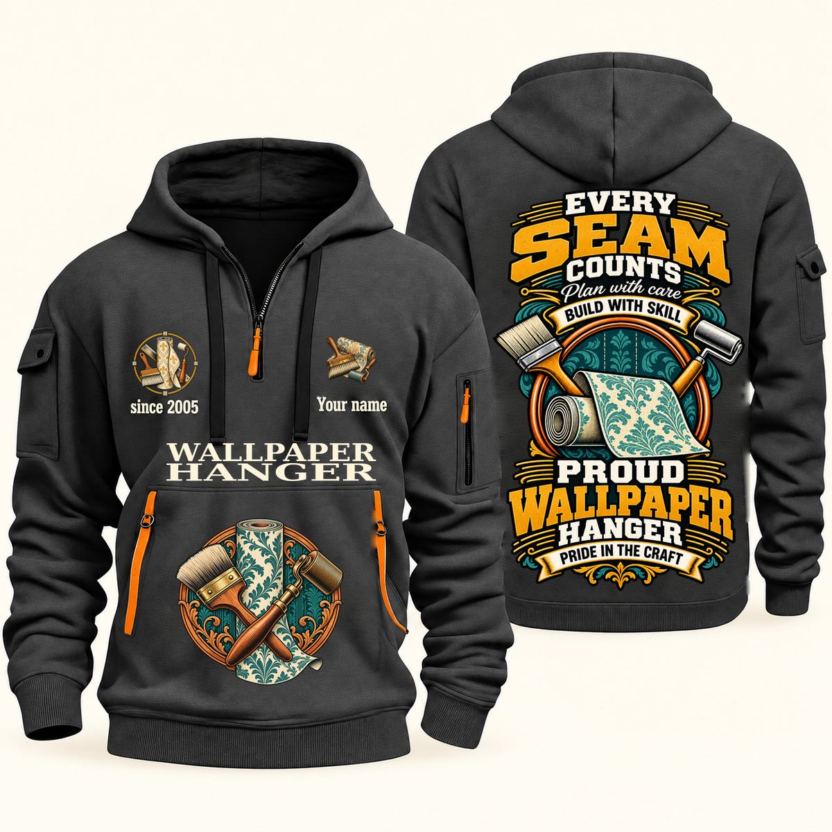 Wallpaper Hanger Every Seam Counts Quarter-Zip Hoodie in Gray, authentic overlapping front and back views with wallpaper hanger artwork and source sample name/year lettering.