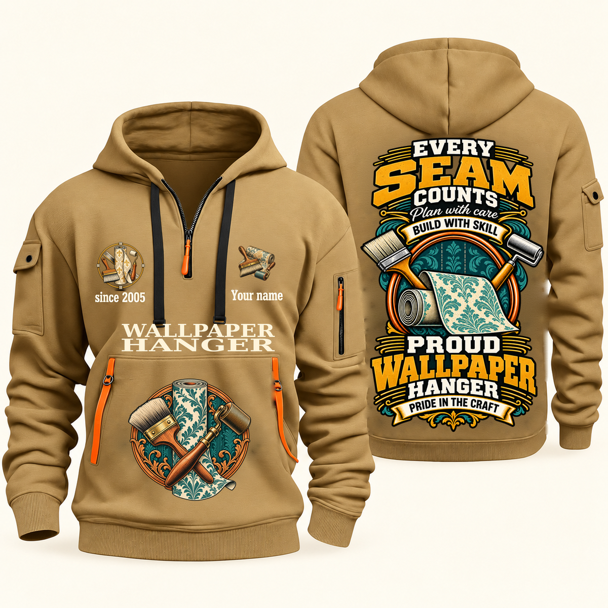 Wallpaper Hanger Every Seam Counts Quarter-Zip Hoodie in Khaki, authentic overlapping front and back views with wallpaper hanger artwork and source sample name/year lettering.