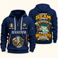 Wallpaper Hanger Every Seam Counts Quarter-Zip Hoodie in Navy, authentic overlapping front and back views with wallpaper hanger artwork and source sample name/year lettering.