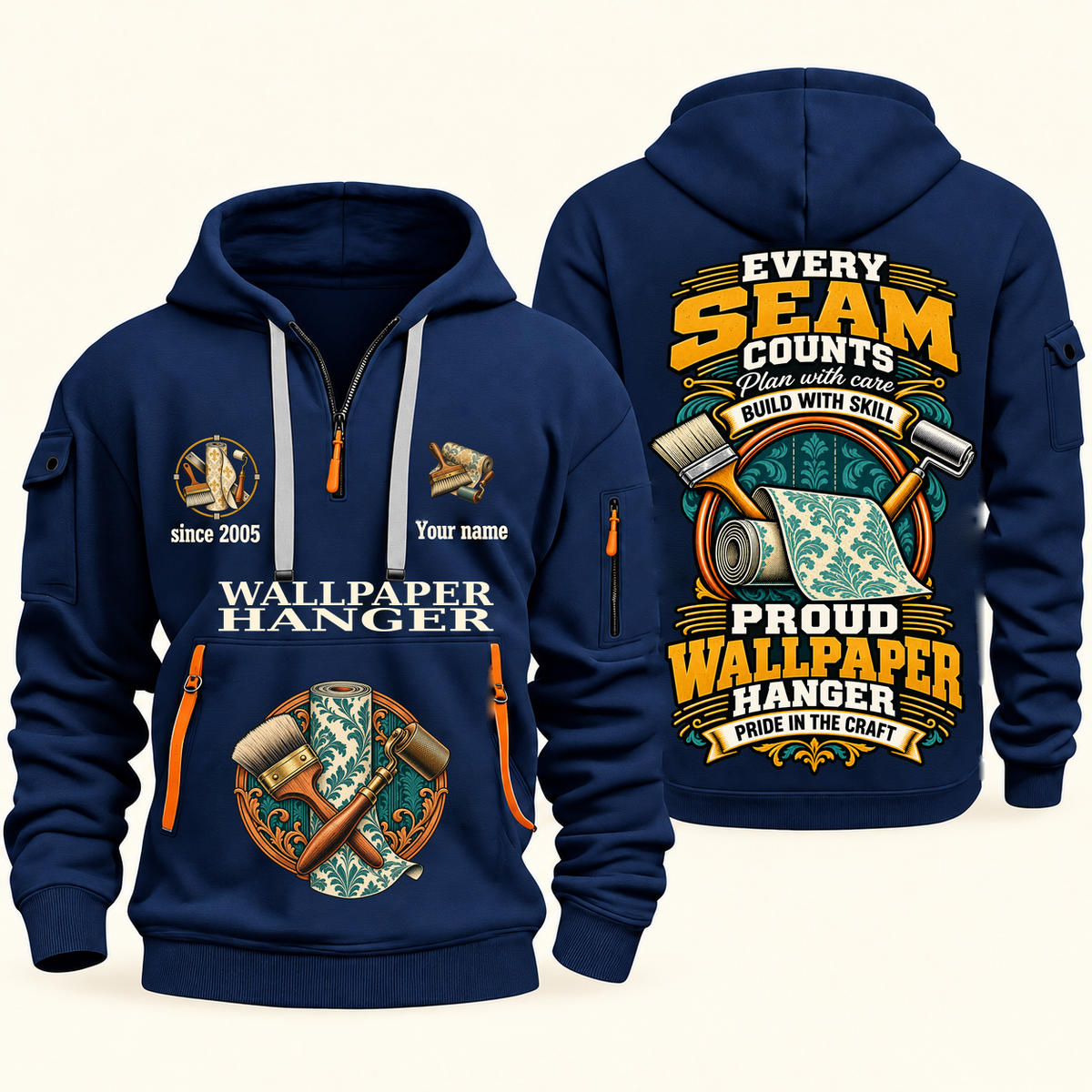 Wallpaper Hanger Every Seam Counts Quarter-Zip Hoodie in Navy, authentic overlapping front and back views with wallpaper hanger artwork and source sample name/year lettering.